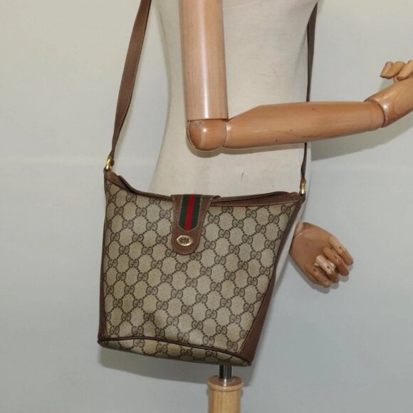 GUCCI Web Sherry Line GG Supreme Shoulder Bag PVC Beige Auth - Picture 15 of 16
